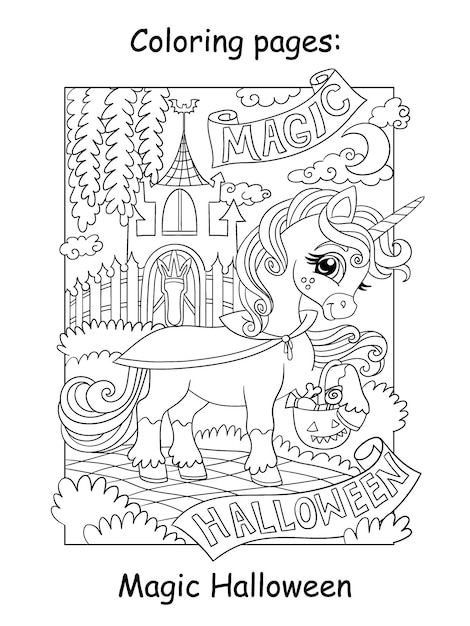 Ilustración vectorial de colorear unicornio y letras para Halloween