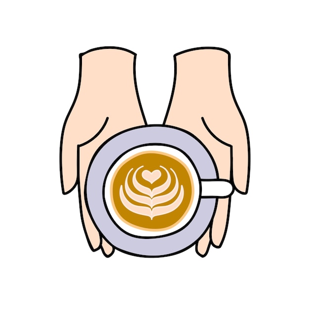 Ilustración vectorial de colores dibujada a mano con una taza de café latte en la mano