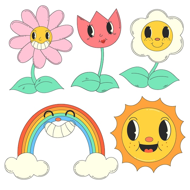 Ilustración vectorial de colores con iconos en estilo groovy flores arco iris sol