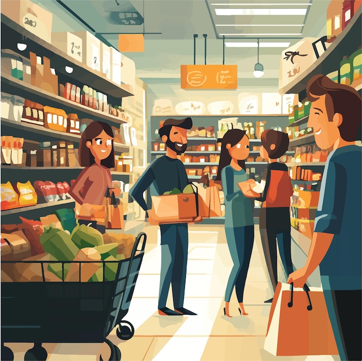 Vector ilustración vectorial colorida de compradores en un mercado