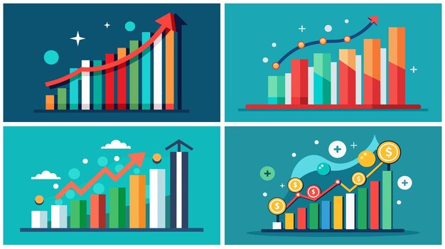 Vector ilustración vectorial colorida de cuatro gráficos de crecimiento de negocios diferentes