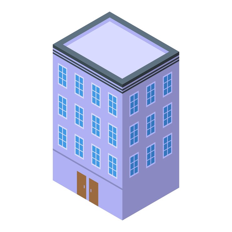 Vector ilustración vectorial colorida de un edificio de oficinas isométrico con un diseño moderno