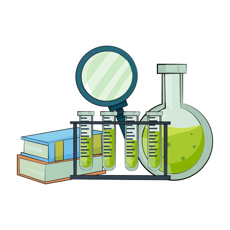Vector una ilustración vectorial colorida de equipos de laboratorio, incluidos tubos de ensayo, lupas y libros aislados en un fondo blanco que representan un concepto científico ilustración vectoria