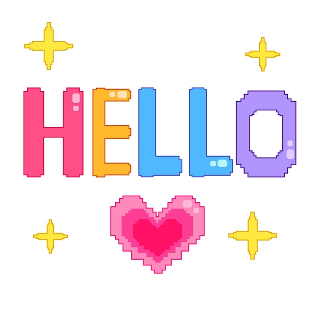 Vector ilustración vectorial colorida en estilo píxel con letras de hello gradiente corazón y estrellas pink ye