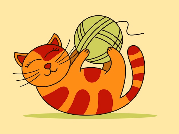 Ilustración vectorial colorida de un gato rojo que juega con una bola de hilo