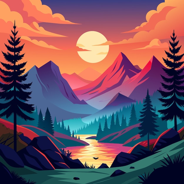 Ilustración vectorial colorida del gradiente de la montaña Diseño del paisaje