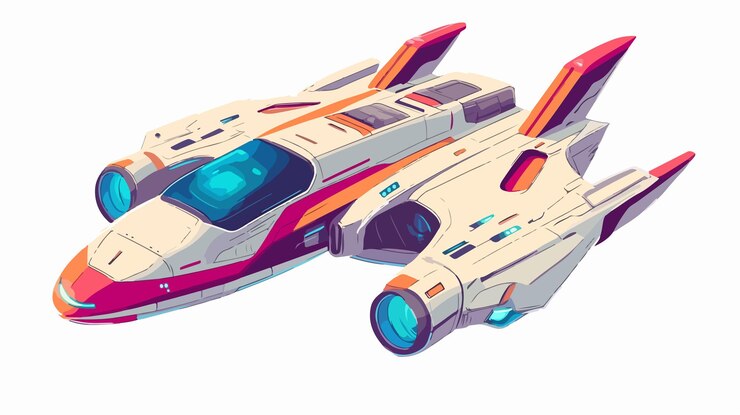 Vector ilustración vectorial de una colorida nave espacial de dibujos animados que vuela en el espacio