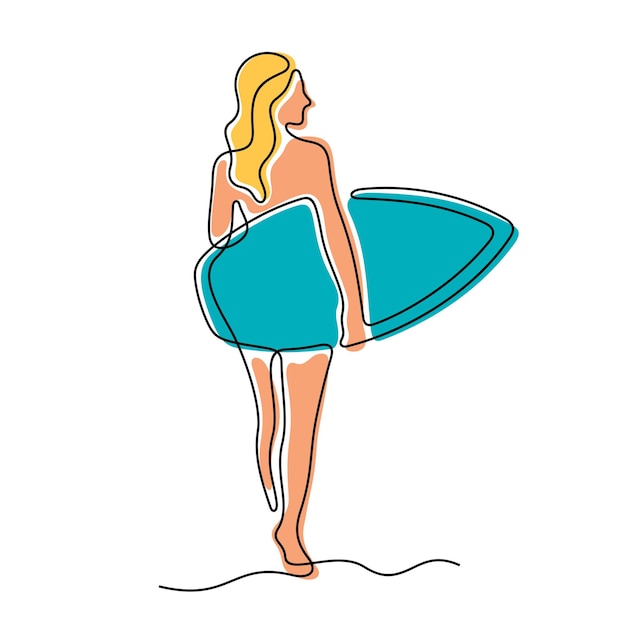 Ilustración vectorial colorida de la niña surfista con línea continua