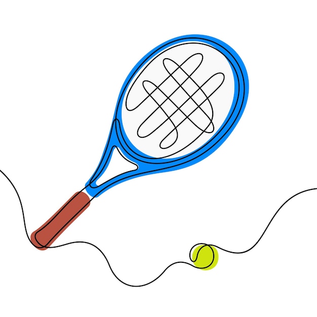 Ilustración vectorial colorida de la raqueta de tenis y la pelota en línea continua