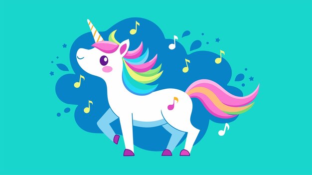 Ilustración vectorial colorida de unicornio con notas musicales en el fondo