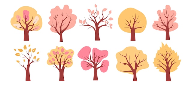Ilustración vectorial colorida de varios árboles que muestran los cambios estacionales en el follaje a lo largo del año