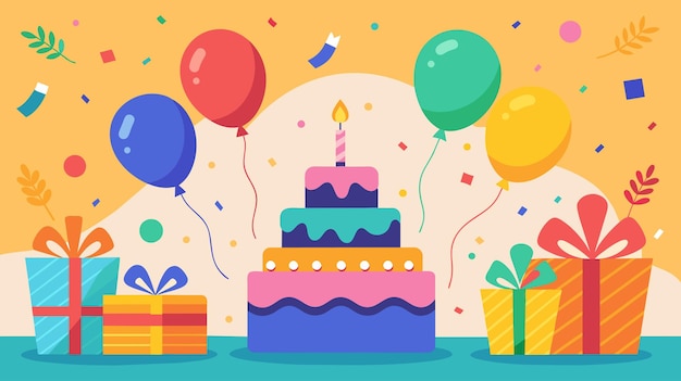 Ilustración vectorial de coloridas celebraciones de cumpleaños, pasteles y regalos