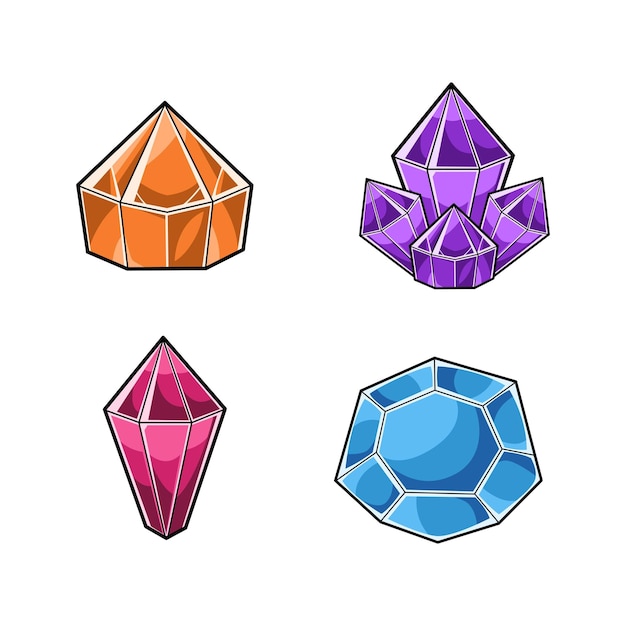 Ilustración vectorial de coloridas joyas y cristales de dibujos animados