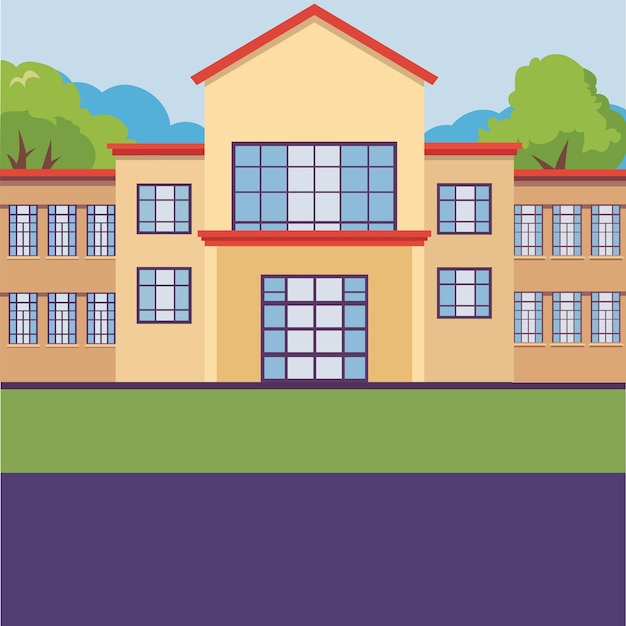 Ilustración vectorial del colorido edificio escolar en la naturaleza