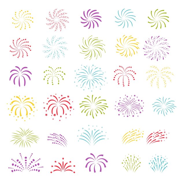 Ilustración vectorial de coloridos fuegos artificiales