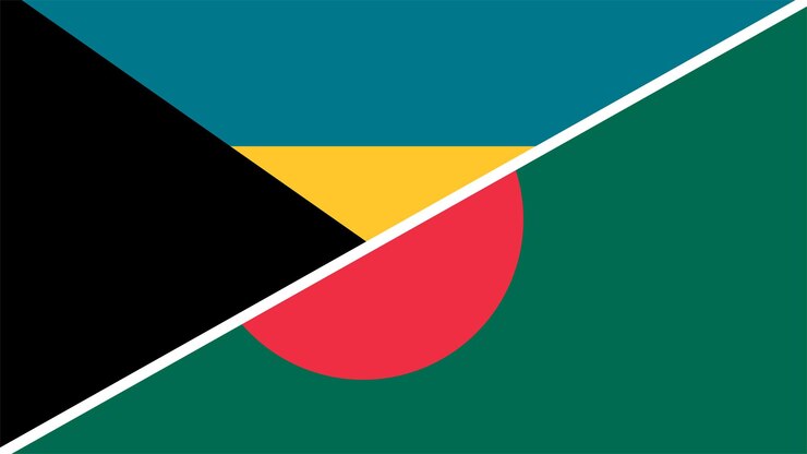 Vector ilustración vectorial combinada de la mitad de las banderas de bangladesh y las bahamas representación dual de la bandera