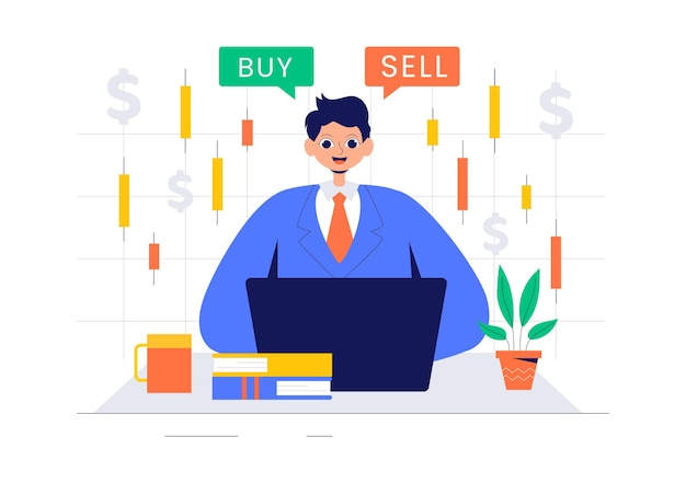 Ilustración vectorial del comerciante con evaluación de tendencias financieras Análisis de datos Comerciantes analizando gráficos Barras de velas y gráficos en dispositivos digitales