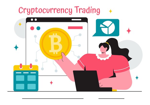Ilustración vectorial de comercio de criptomonedas con una pila de monedas, una billetera de moneda digital, tecnología blockchain y Bitcoin en el fondo