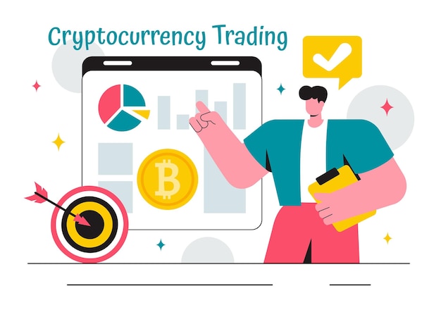 Ilustración vectorial de comercio de criptomonedas con una pila de monedas, una billetera de moneda digital, tecnología blockchain y Bitcoin en el fondo