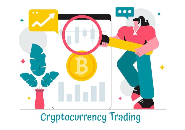 Ilustración vectorial de comercio de criptomonedas con una pila de monedas, una billetera de moneda digital, tecnología blockchain y Bitcoin en el fondo