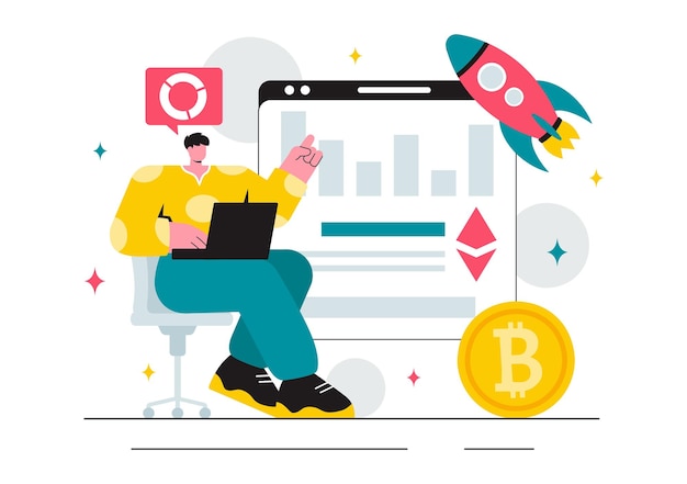Ilustración vectorial de comercio de criptomonedas con una pila de monedas, una billetera de moneda digital, tecnología blockchain y Bitcoin en el fondo