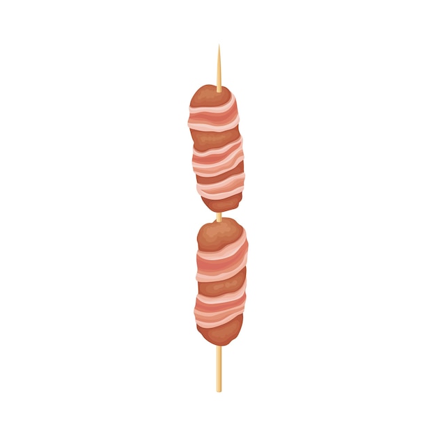 Ilustración vectorial de comida callejera asiática con carne colocada en palos de madera afilados