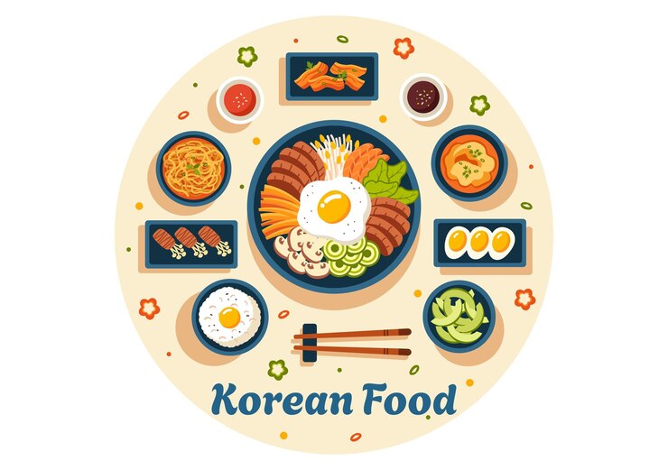 Vector ilustración vectorial de comida coreana con un menú conjunto de varios platos tradicionales y deliciosos
