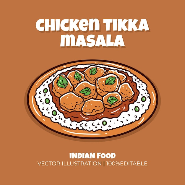 Ilustración vectorial de la comida india de pollo tikka masala