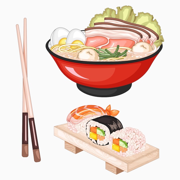 Ilustración vectorial de la comida y el plato japonés Sushi