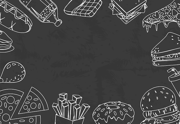 Ilustración vectorial de comidas rápidas en estilo de dibujo de garabate de tiza con espacio en blanco en el medio