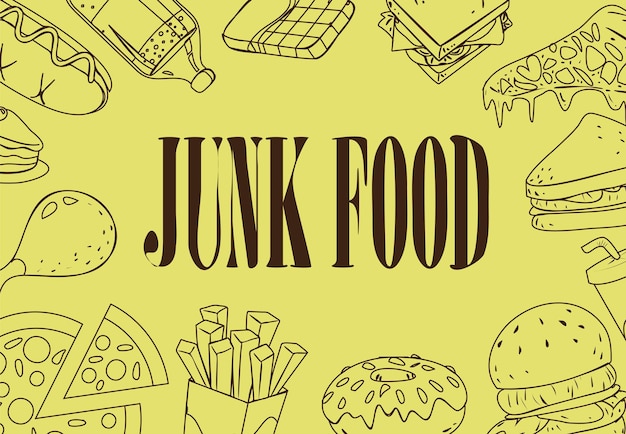Ilustración vectorial de comidas rápidas en estilo doodle con comida chatarra escrita en el medio