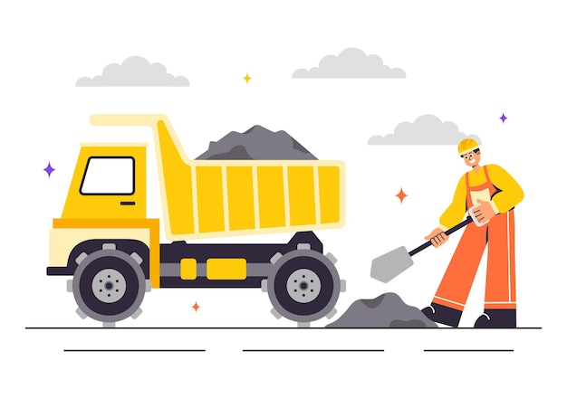 Ilustración vectorial de la compañía minera con camiones de descarga amarillos pesados para el proceso de minería industrial de arena o transporte en un fondo plano