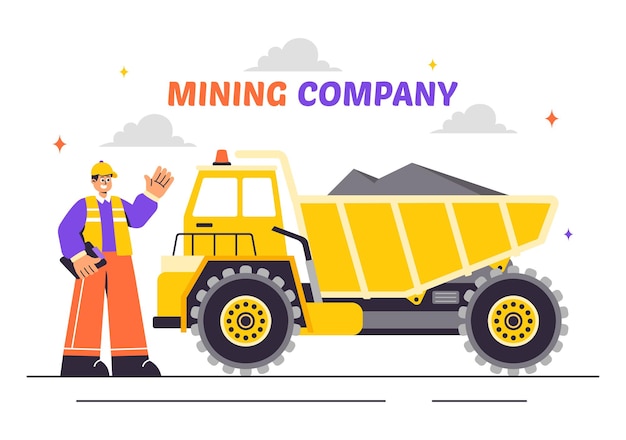 Ilustración vectorial de la compañía minera con camiones de descarga amarillos pesados para el proceso de minería industrial de arena o transporte en un fondo plano