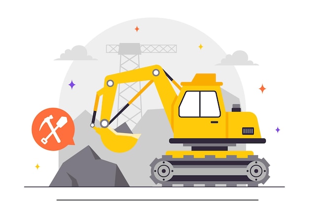 Ilustración vectorial de la compañía minera con camiones de descarga amarillos pesados para el proceso de minería industrial de arena o transporte en un fondo plano