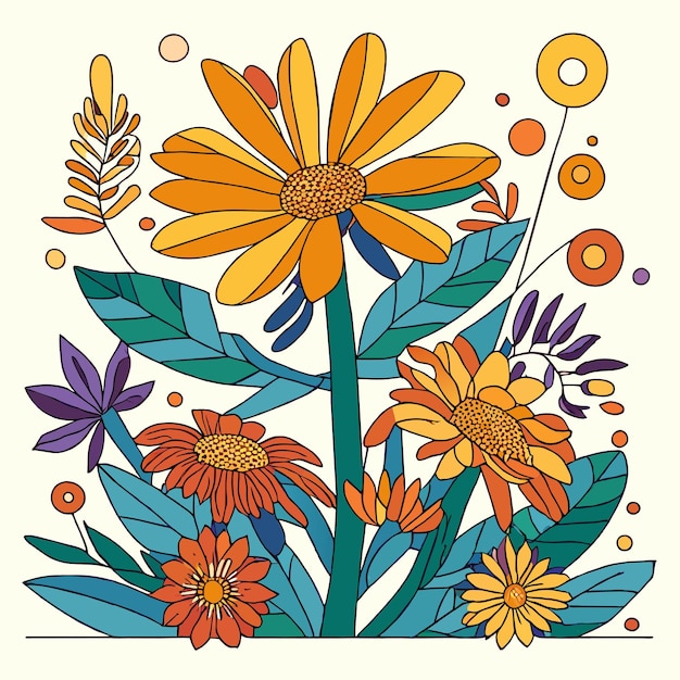 Ilustración vectorial de la composición floral del girasol o de la flor de verano Arnica