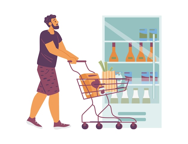 Ilustración vectorial de compras con un joven con carrito de compras con comida en la tienda de dibujos animados planos