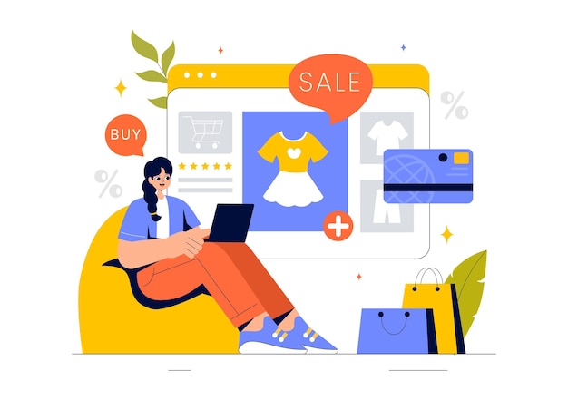 Ilustración vectorial de compras en línea con personas que usan teléfonos inteligentes para servicios de entrega en el comercio electrónico con etiquetas promocionales y cupones de descuento