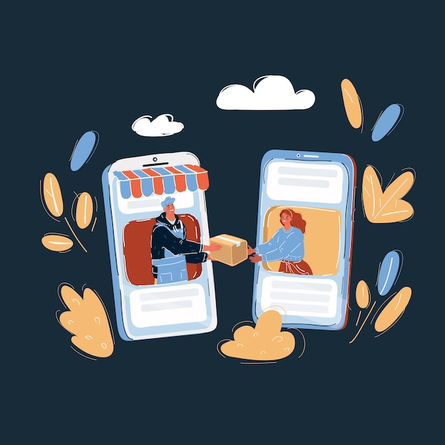 Ilustración vectorial de compras en línea por teléfono y entrega rápida en la oscuridad