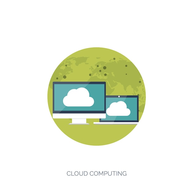 Ilustración vectorial de computación en nube plana de fondo tecnología de red de almacenamiento de datos multimedia