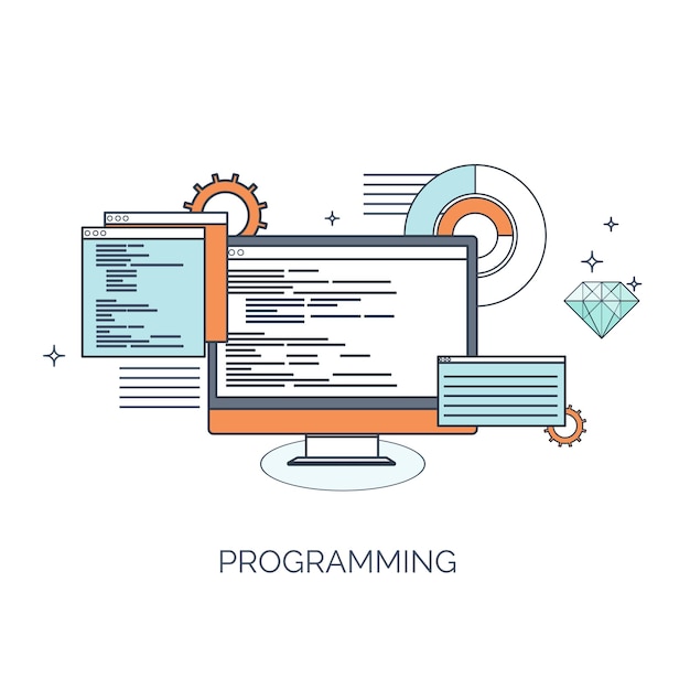 Ilustración vectorial computación plana programación de fondo codificación desarrollo web y búsqueda seo