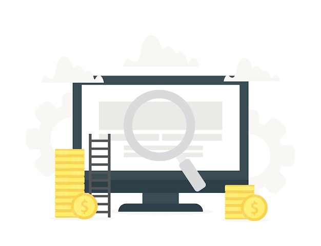 Ilustración vectorial de la computadora bajo una lupa en la pantalla Monitor con monedas concepto de ganancias en Internet búsqueda de trabajo en línea finanzas éxito financiero