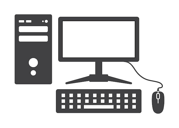 Vector ilustración vectorial de computadora personal con monitor de ratón de teclado y cpu en fondo blanco