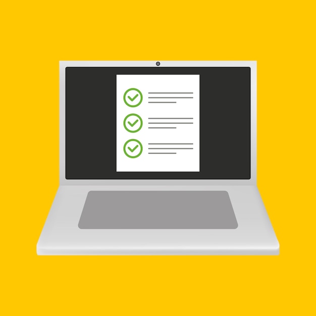 Ilustración vectorial de una computadora portátil con marca de verificación Marca verde cruz roja para hacer una lista de revisiones de encuestas de votación Computadora portátil gris sobre un fondo amarillo Icono de línea vectorial para Negocios y Publicidad