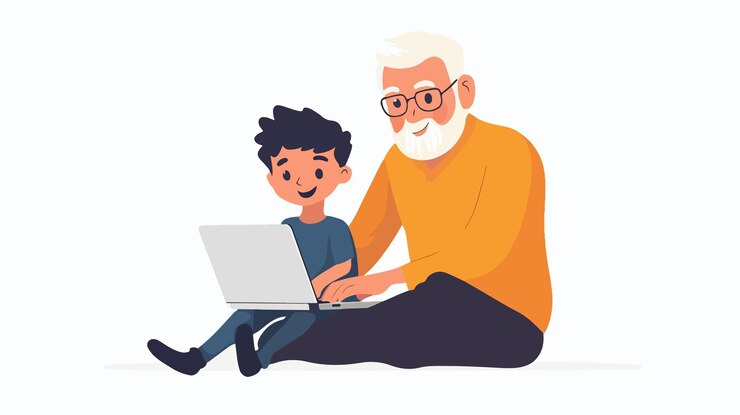 Vector ilustración vectorial de computadora portátil de surf divertido para varias generaciones