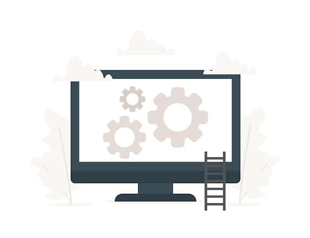 Ilustración vectorial de una computadora con tres engranajes grandes Monitor de servicio ajuste de opciones de configuración de aplicaciones mantenimiento reparación fijación conceptos de computadora portátil