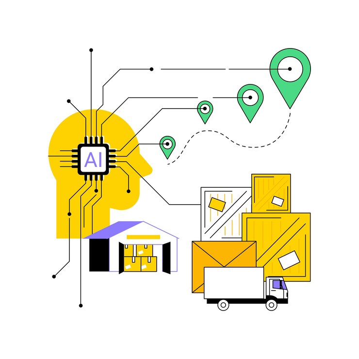 Vector ilustración vectorial del concepto abstracto de optimización de la cadena de suministro mejorada por ai