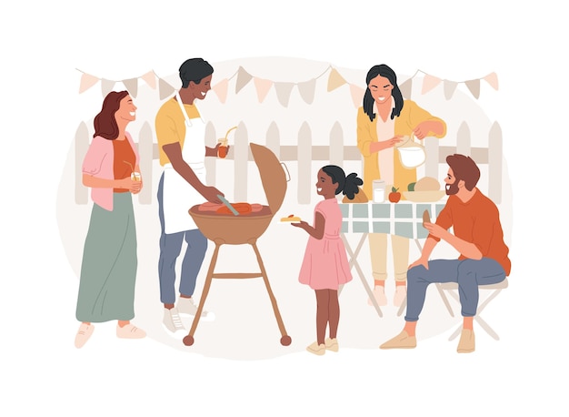 Ilustración vectorial de concepto aislado de fiesta en el patio trasero BBQ de amigos reunión de ideas decoración de fiesta al aire libre picnic familiar reunión de fin de semana cocina carne a la parrilla concepto vectorial navideño
