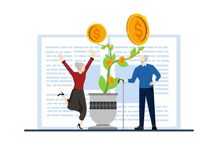 Vector ilustración vectorial del concepto de alfabetización financiera de jubilación para la preparación para la vejez