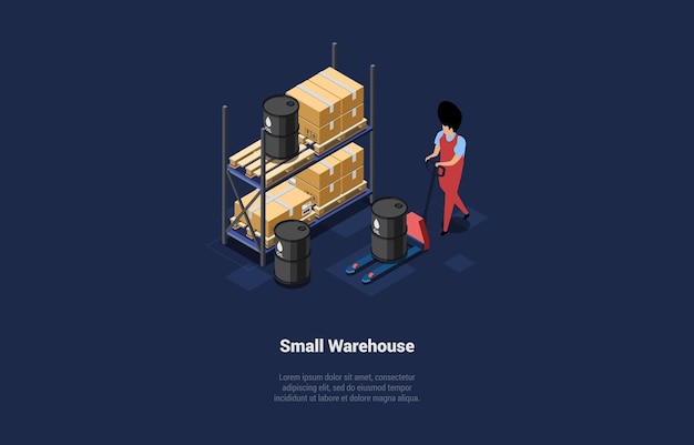 Ilustración vectorial en concepto de almacén pequeño Composición 3D isométrica en estilo de dibujos animados Trabajador en uniforme con estante de barril de petróleo cargado con cajas de cartón Almacenamiento de productos y negocios comerciales