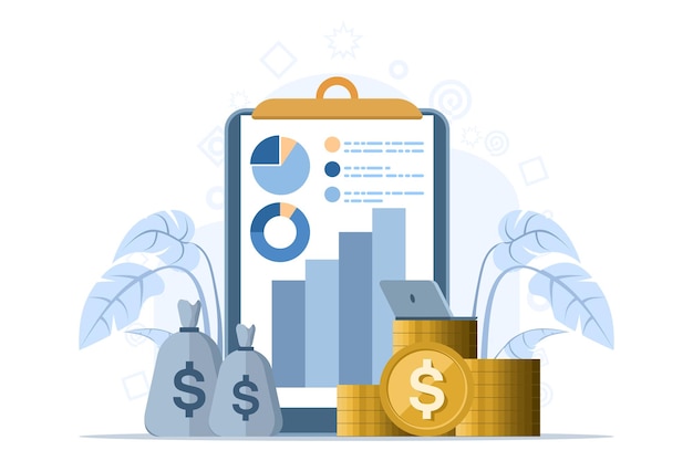 Ilustración vectorial del concepto de analista financiero o inversor con ordenador portátil para monitorear el crecimiento de los dividendos